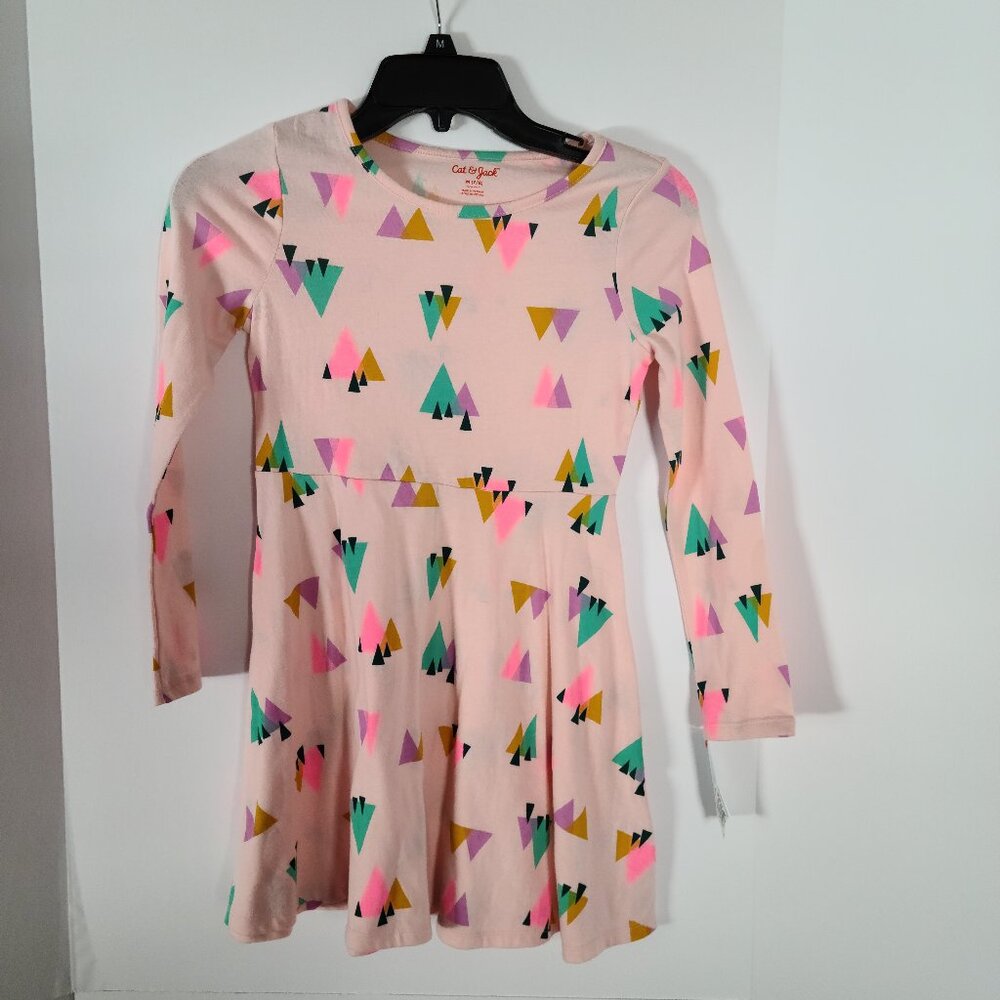CAT & JACK GIRLS' PEPLUM HEM LORING PINK TREES LONG SLEEVE DRESS SIZE 7/8